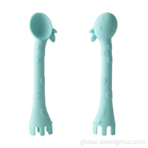 Rubber Tipped Baby Spoons Baby Giraffe Silicone Spoon Fork Tableware Set Supplier